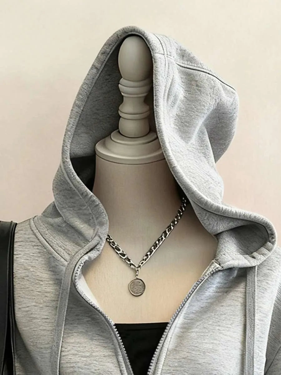 SHEIN Attitoon هودي نسائي فضفاض بسحاب بلون رمادي