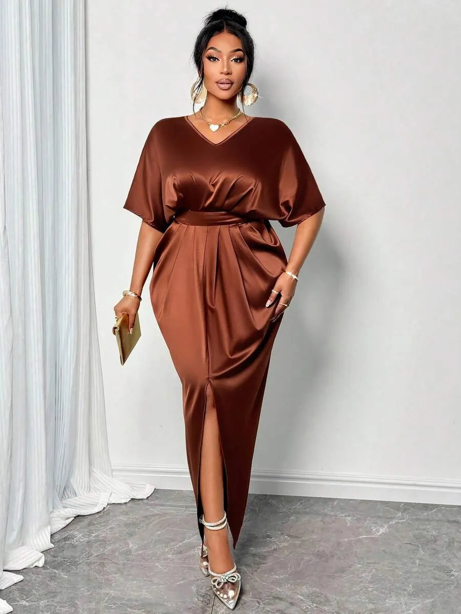 SHEIN SOLERSUN فستان نسائي ماكسي أنيق بلون بني لامع