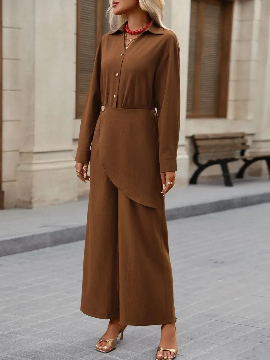 SHEIN Brillora جمبسوت نسائي بتصميم ملتف وياقة وساق واسعة بلون بني