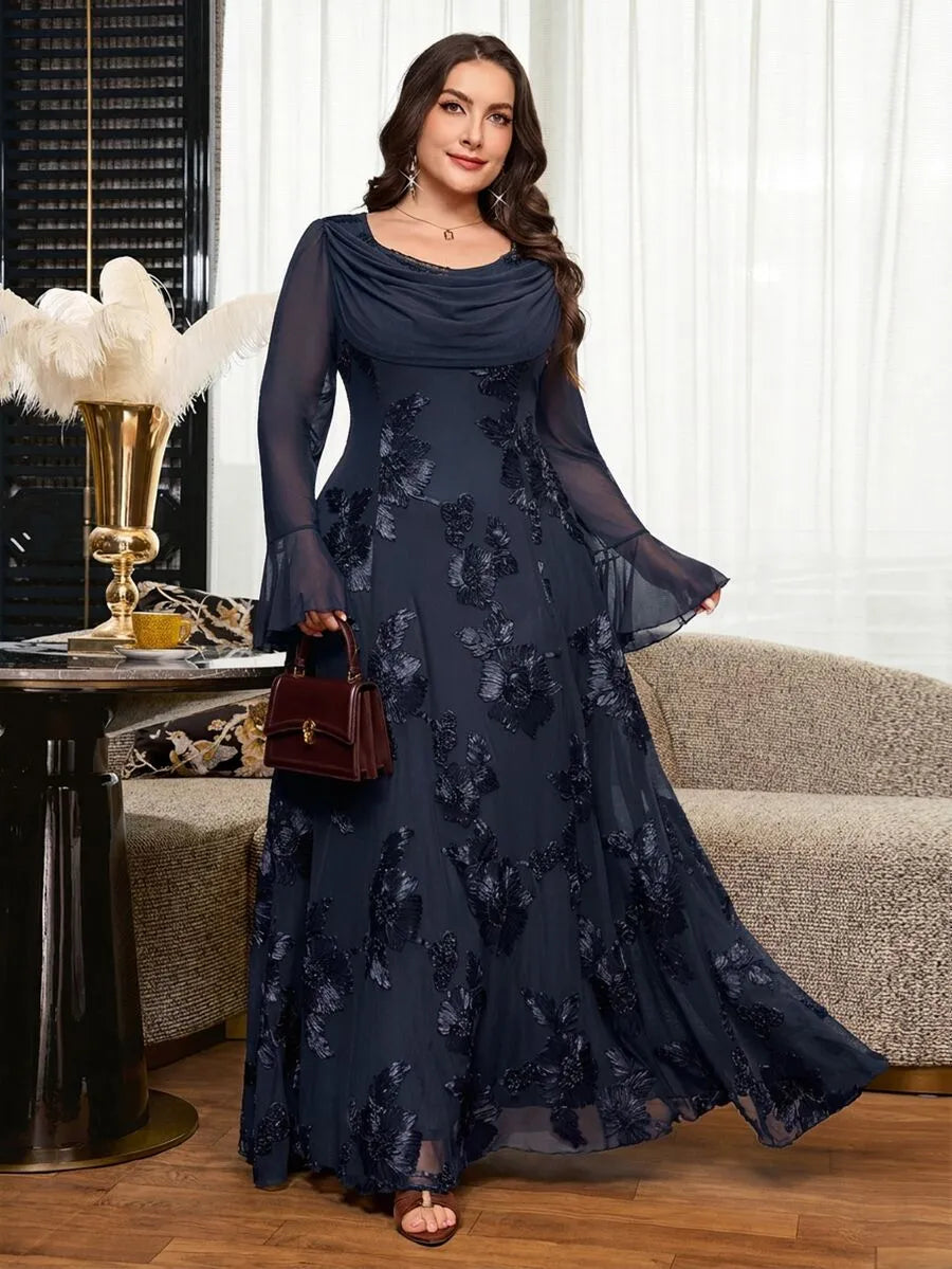 SHEIN Reflora فستان طويل بياقة ملفوفة وأكمام واسعة ودانتيل بلون أزرق بحري