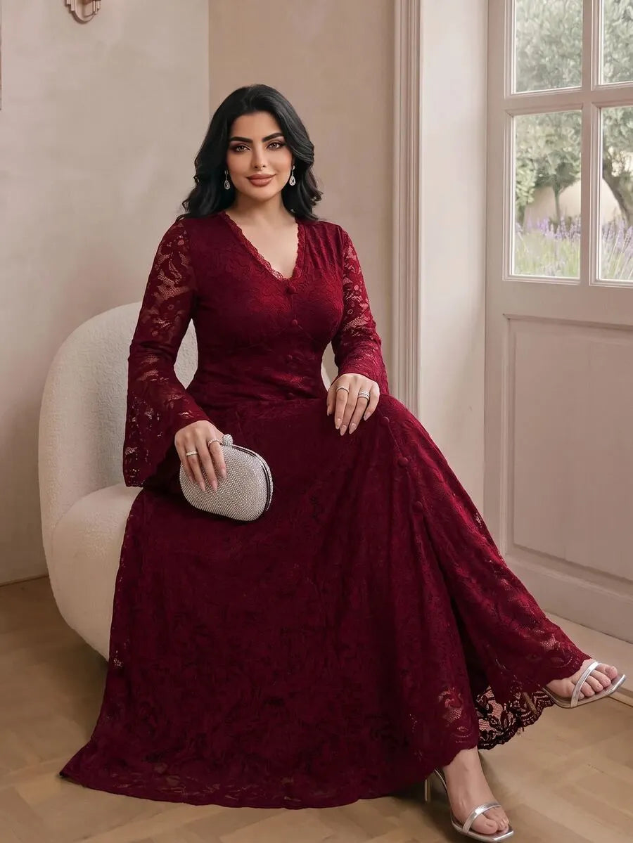 SHEIN Modelyn فستان نسائي طويل من الدانتيل بياقة وأكمام جرس وشق جانبي بلون عنابي