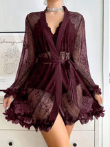 SHEIN Slumberist طقم نوم 3 قطع بلون كستنائي دانتيل وورود مع شورت