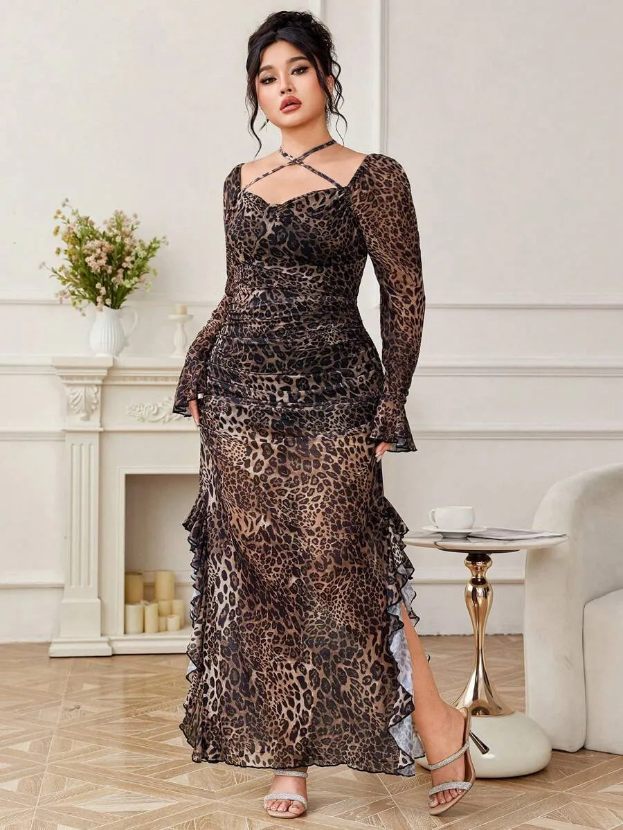 SHEIN Modelyn فستان نسائي بنقشة النمر وشق جانبي بلون بني