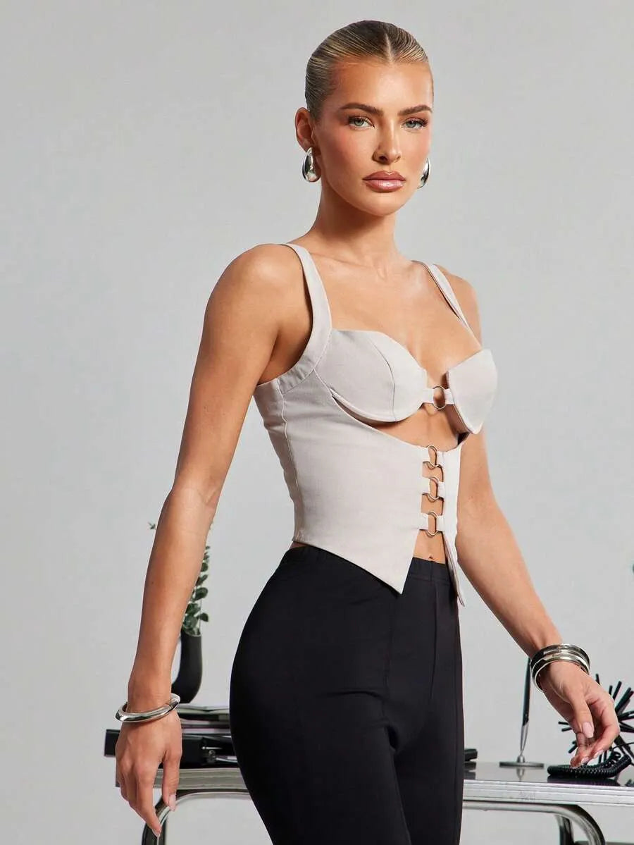 SHEIN Hauture توب منسوج بلون رمادي فاتح بتفاصيل حلقات ورباط خلفي