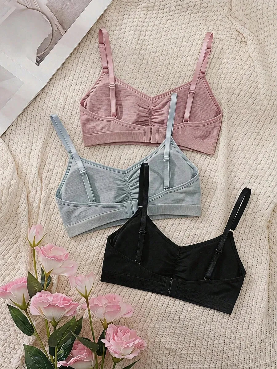 SHEIN MOD طقم 3 حمالات صدر نسائية بدون سلك ومبطنة قليلاً ومتجعدة متعدد الألوان