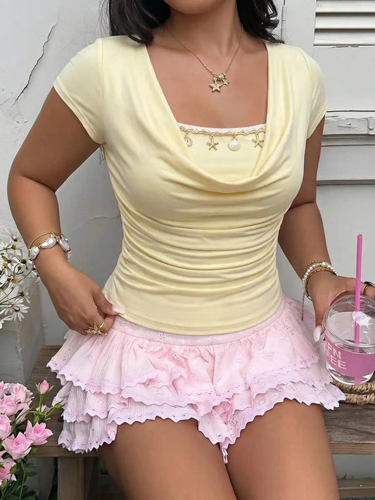 SHEIN MOD تي شيرت نسائي ضيق بتصميم مجعد وأكمام قصيرة واسعة بلون أصفر