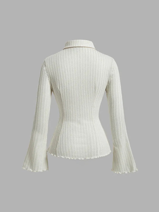 SHEIN MOD قميص نسائي بياقة وأكمام جرسية مجمعة وزخرفة نباتية بلون مشمشي