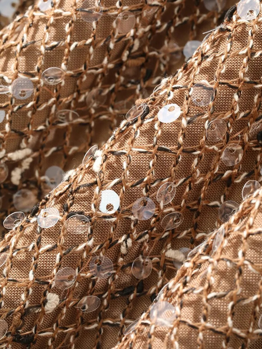 SHEIN DAZY فستان طويل بكتف مكشوف وأكمام طويلة مزين بالترتر بلون بني قهوة