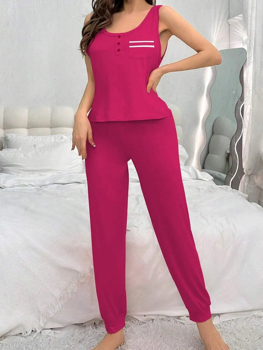 SHEIN طقم قطعتين بيجاما مخططة بتوب بدون أكمام وبنطلون طويل بلون روز أحمر