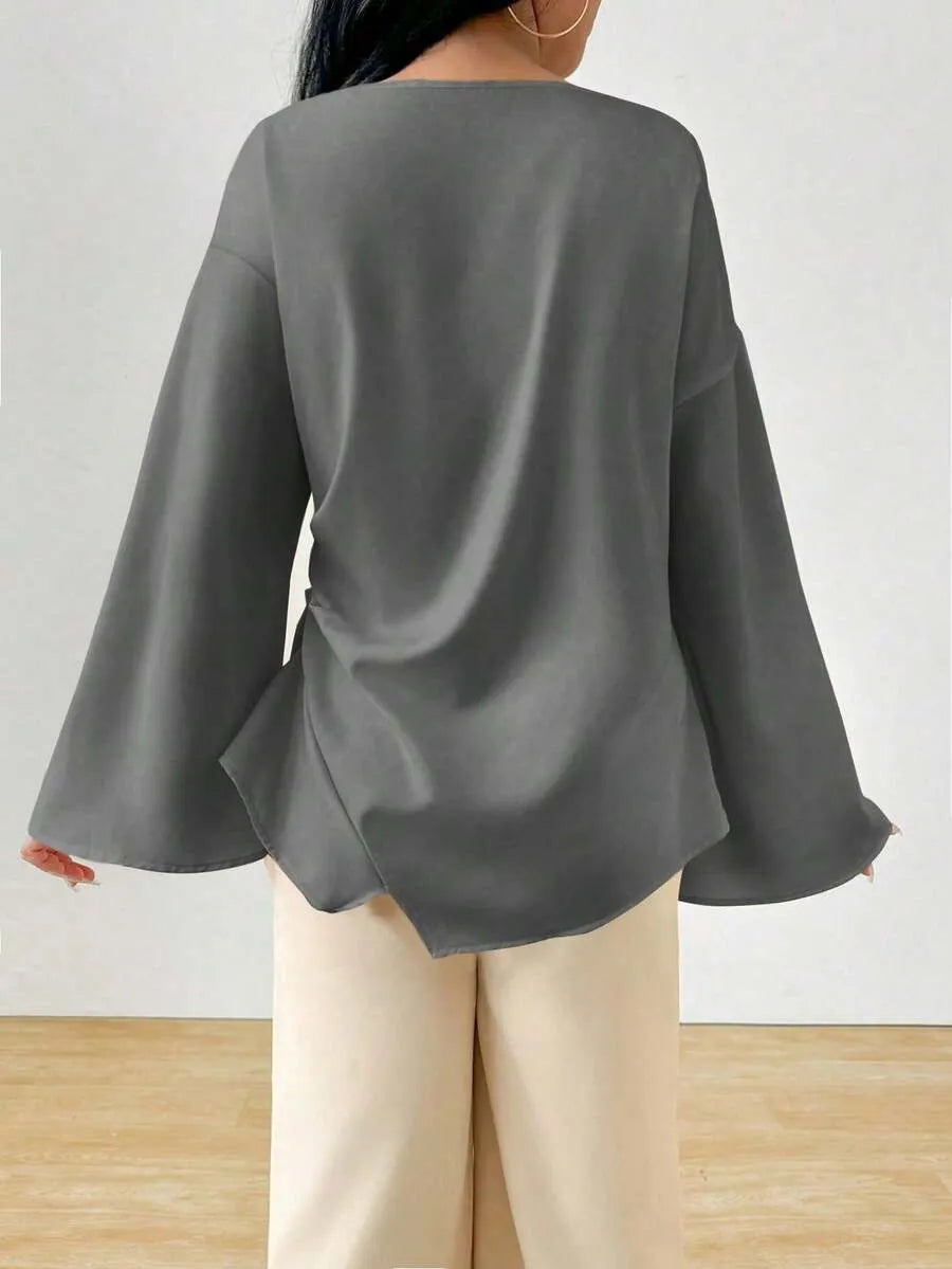 SHEIN INAWLY بلوزة نسائية طويلة بياقة قارب وأكمام واسعة وقصة غير متماثلة بلون رمادي