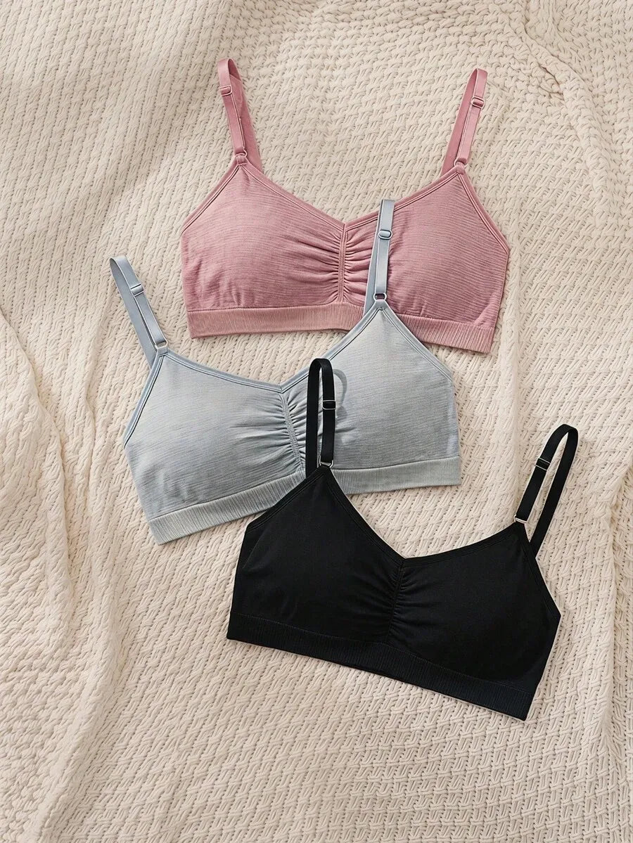 SHEIN MOD طقم 3 حمالات صدر نسائية بدون سلك ومبطنة قليلاً ومتجعدة متعدد الألوان
