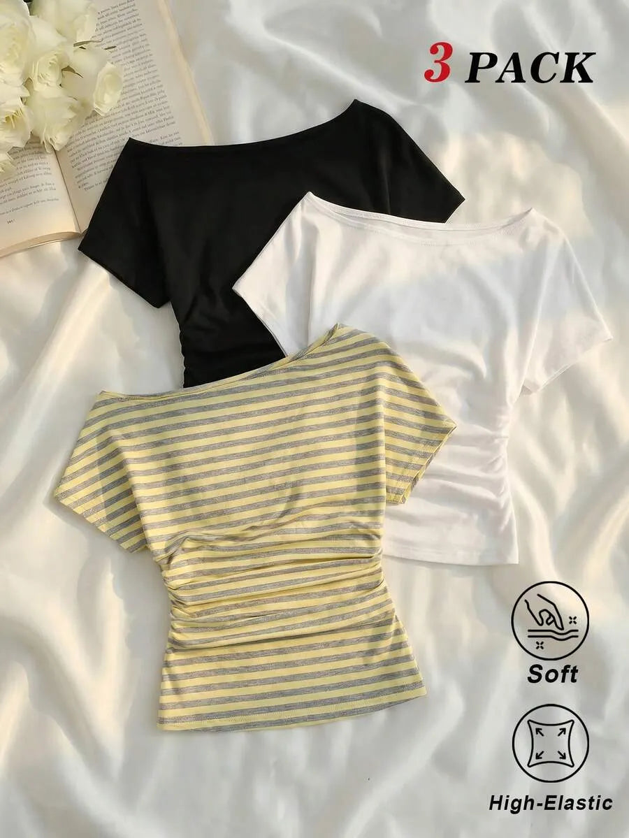 SHEIN MOD طقم 3 قطع تي شيرت نسائي بكتف غير متماثل مخطط متعدد الألوان