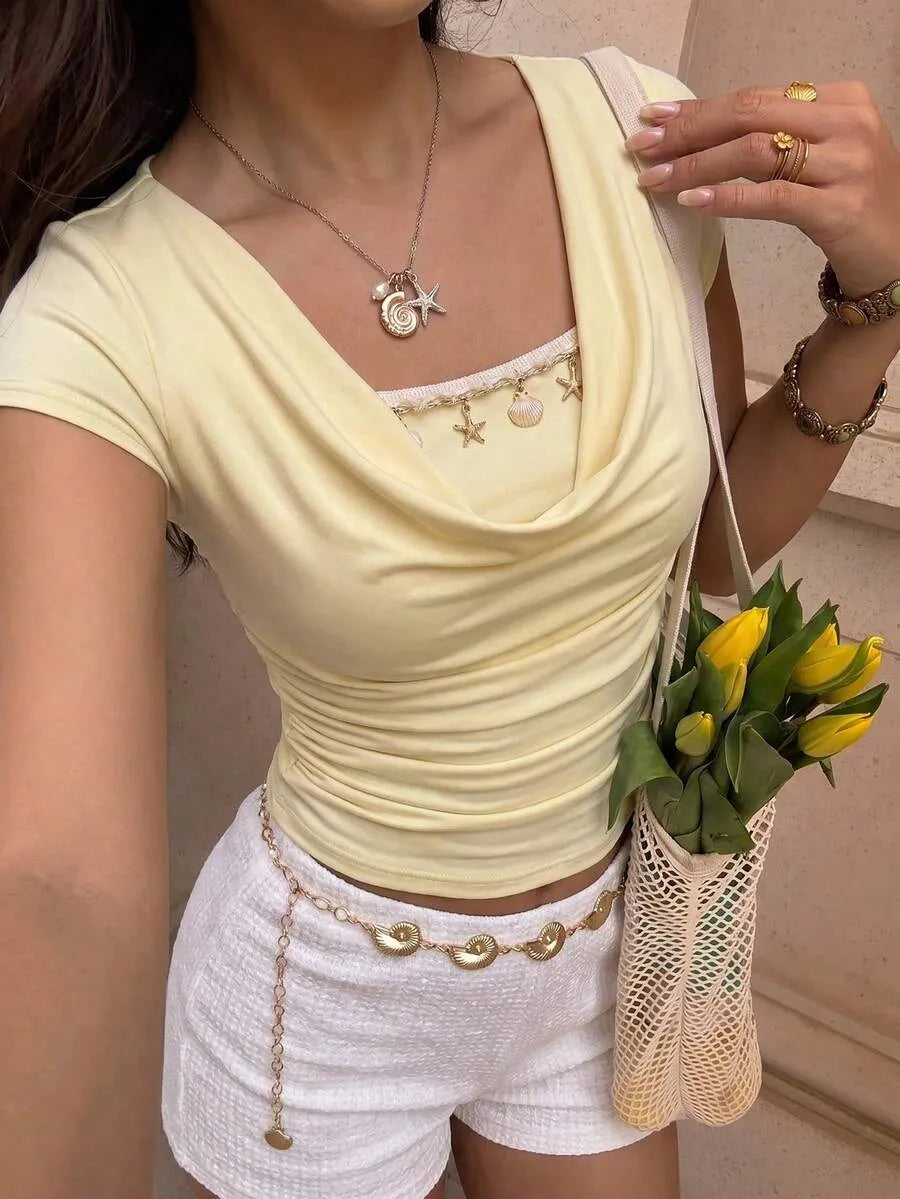 SHEIN MOD تي شيرت نسائي ضيق بتصميم مجعد وأكمام قصيرة واسعة بلون أصفر