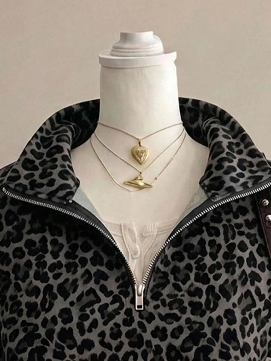 SHEIN EZwear بلوزة نسائية بنصف سحاب بطبعة نمر متعدد الألوان