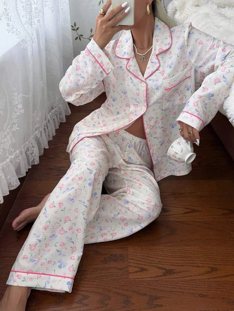 SHEIN CottageSlumber طقم بيجامة قطعتين كارديجان وبنطال طويل متعدد الألوان