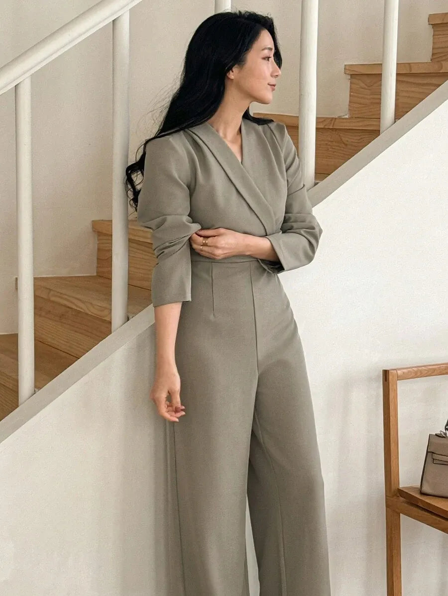 SHEIN DAZY جمبسوت نسائي بياقة وتصميم غير متماثل وسحاب بلون كاكي