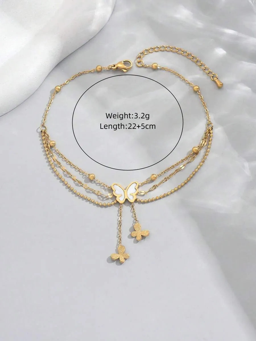 SHEIN خلخال نسائي متعدد الطبقات بتصميم فراشة ولؤلؤ بلون ذهبي مطلي بذهب 18 قيراط