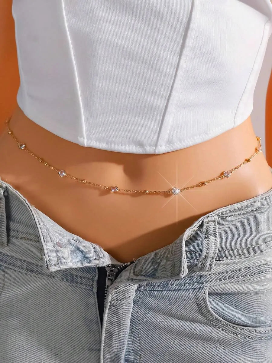 SHEIN سلسلة خصر نسائية مزينة بالكريستال واللؤلؤ بتصميم هندسي بلون ذهبي