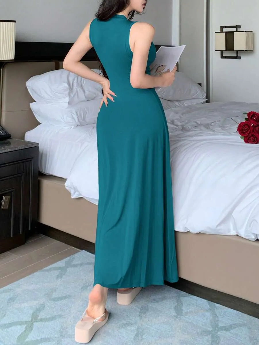 SHEIN DAZY فستان منزلي ماكسي بلون أزرق مخضر محبوك وبدون أكمام