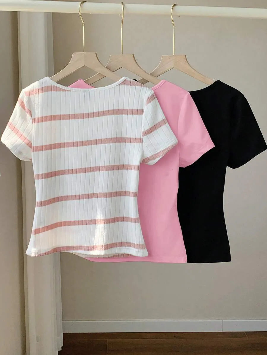 SHEIN Comfortcana طقم 3 قطع تي شيرت نسائي قصير بياقة مربعة وأكمام قصيرة متعدد الألوان