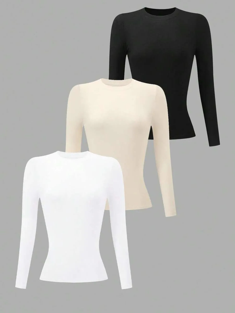 SHEIN INAWLY طقم 3 قطع تي شيرت نسائي ضيق بأكمام طويلة متعدد الألوان