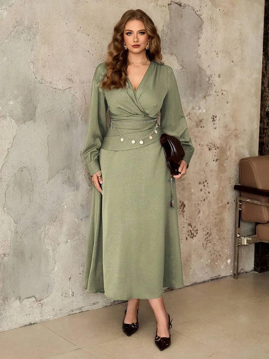 SHEIN Roveilla فستان نسائي بياقة وخصر برباط وتفاصيل كشكش بلون أخضر نعناع