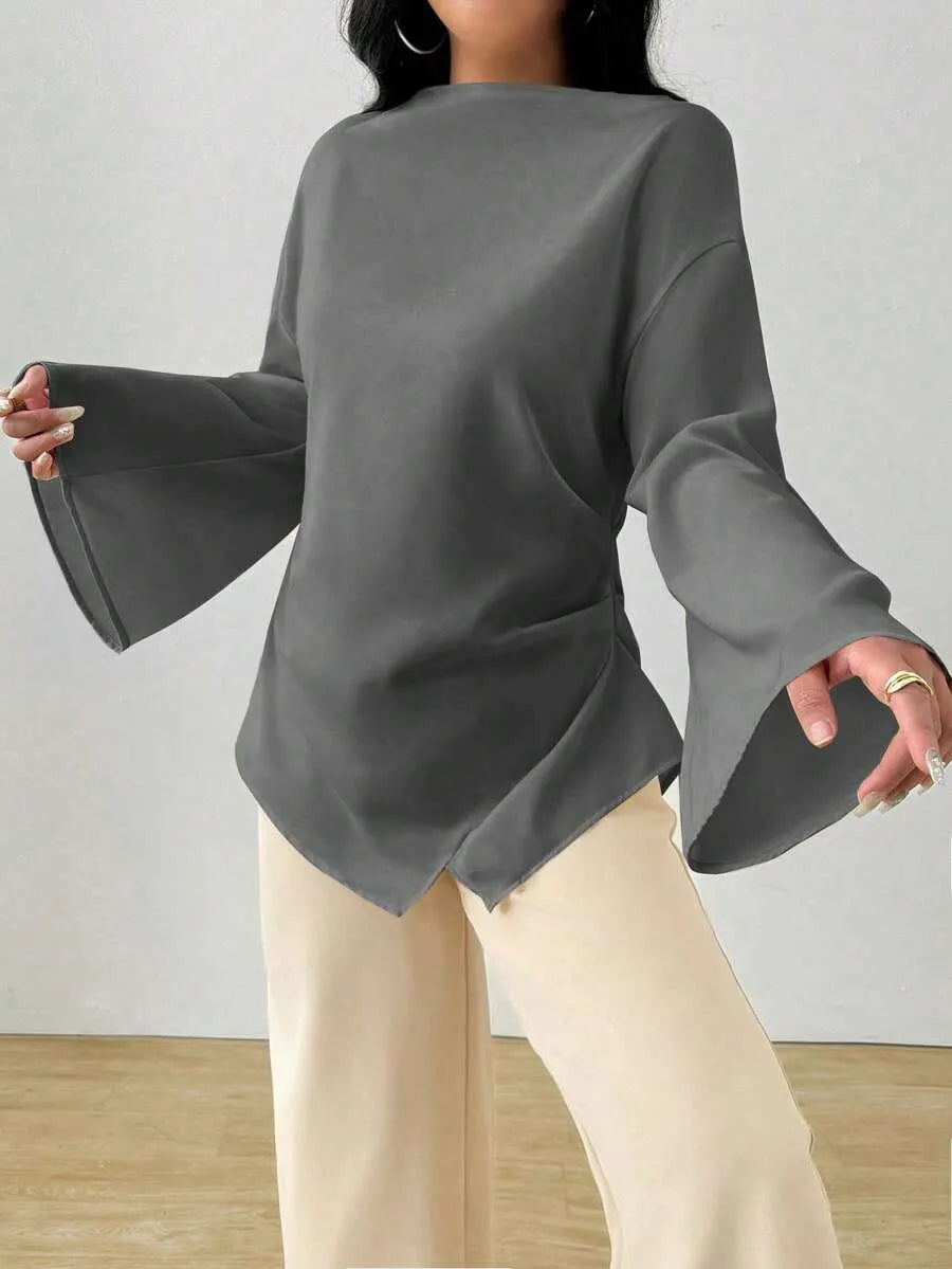 SHEIN INAWLY بلوزة نسائية طويلة بياقة قارب وأكمام واسعة وقصة غير متماثلة بلون رمادي