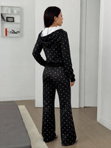 SHEIN EZwear طقم نسائي قطعتين جاكيت قصير بقبعة وبنطال واسع بلون الأسود والأبيض