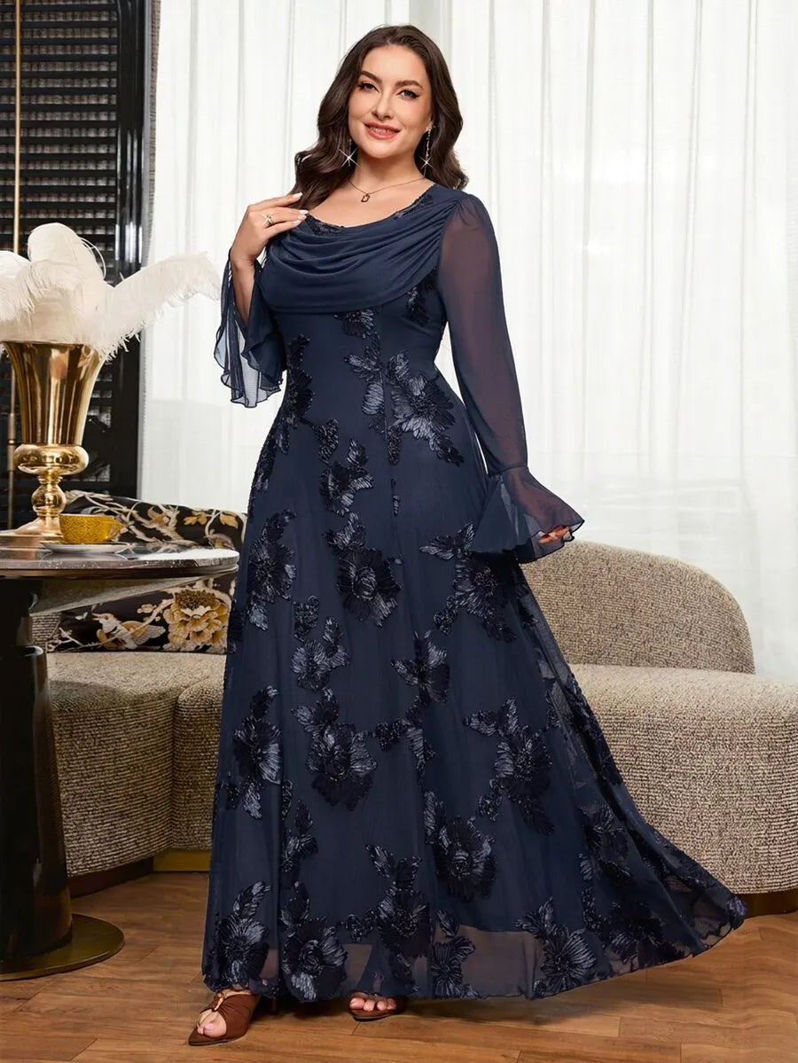 SHEIN Reflora فستان طويل بياقة ملفوفة وأكمام واسعة ودانتيل بلون أزرق بحري