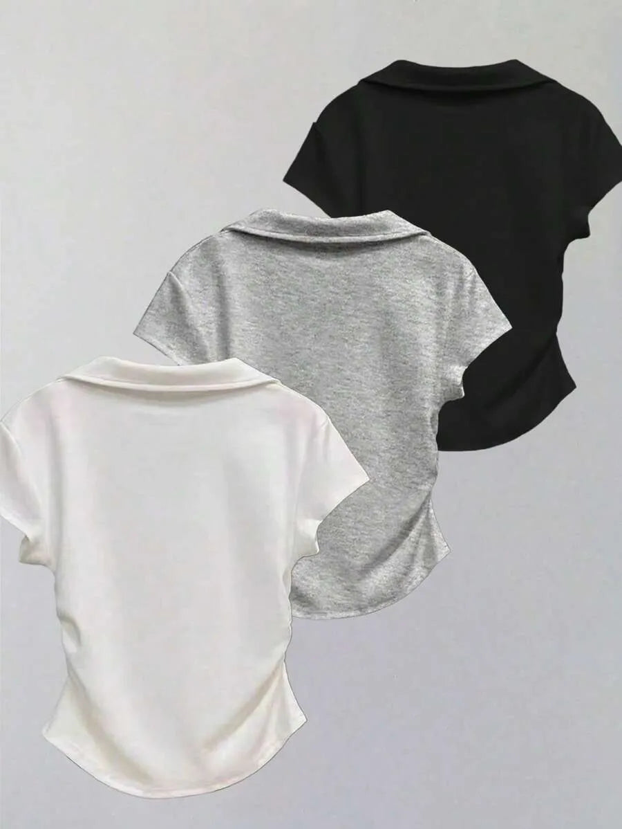 SHEIN LUNE طقم 3 قطع تي شيرت نسائي ضيق بياقة وأكمام قصيرة بلون رمادي