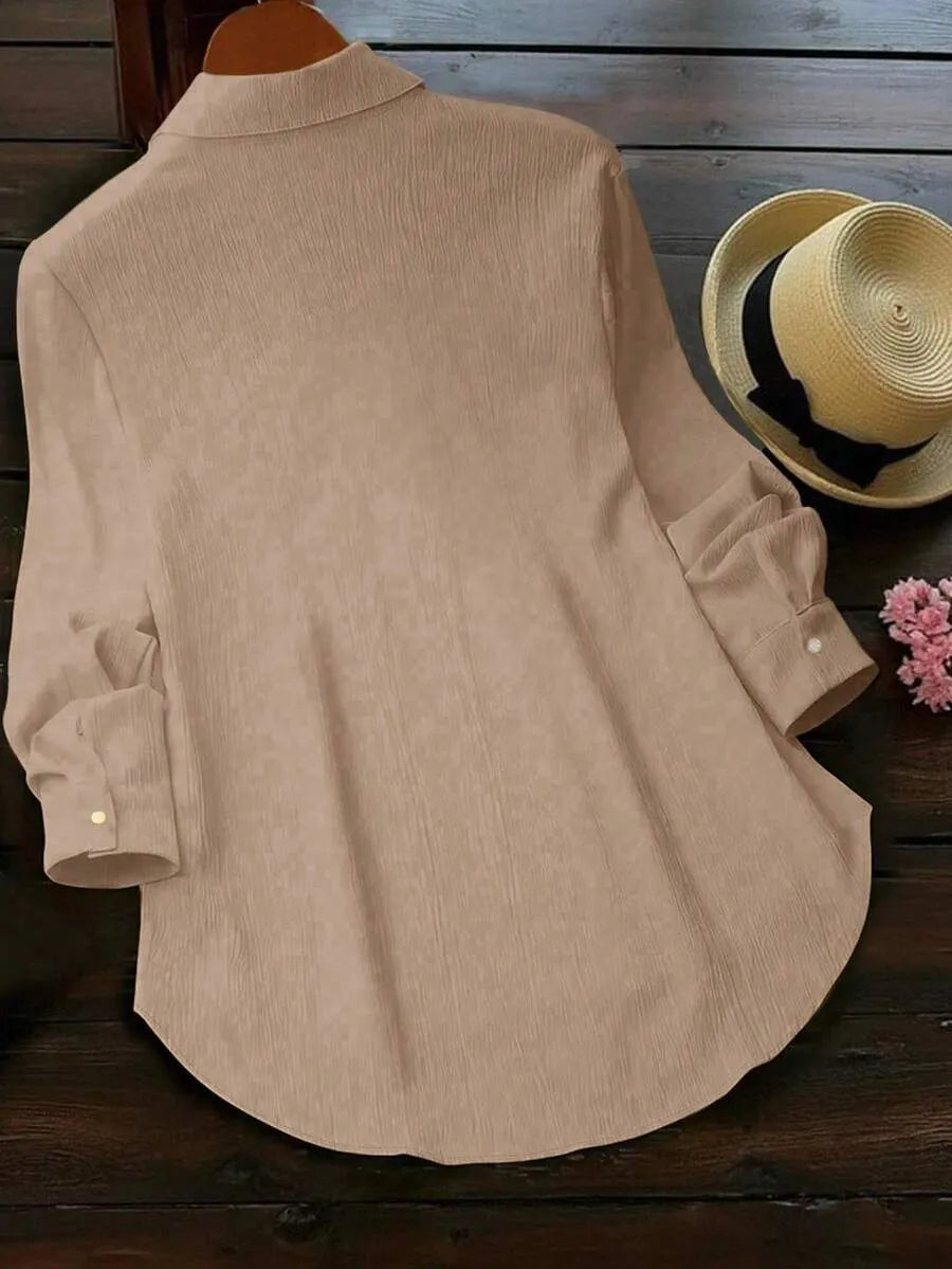 SHEIN INAWLY قميص نسائي بأزرار وياقة مزخرفة وجيب بلون كاكي