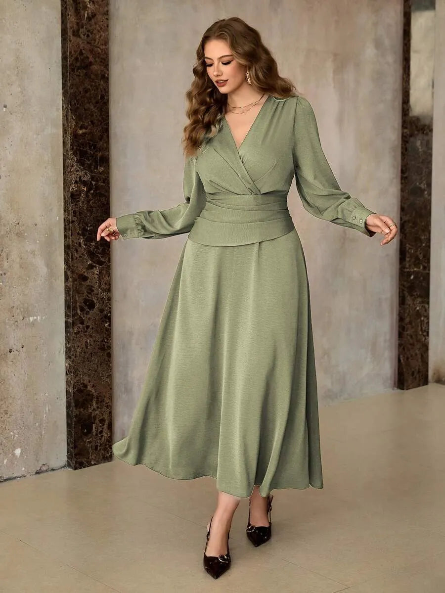 SHEIN Roveilla فستان نسائي بياقة وخصر برباط وتفاصيل كشكش بلون أخضر نعناع