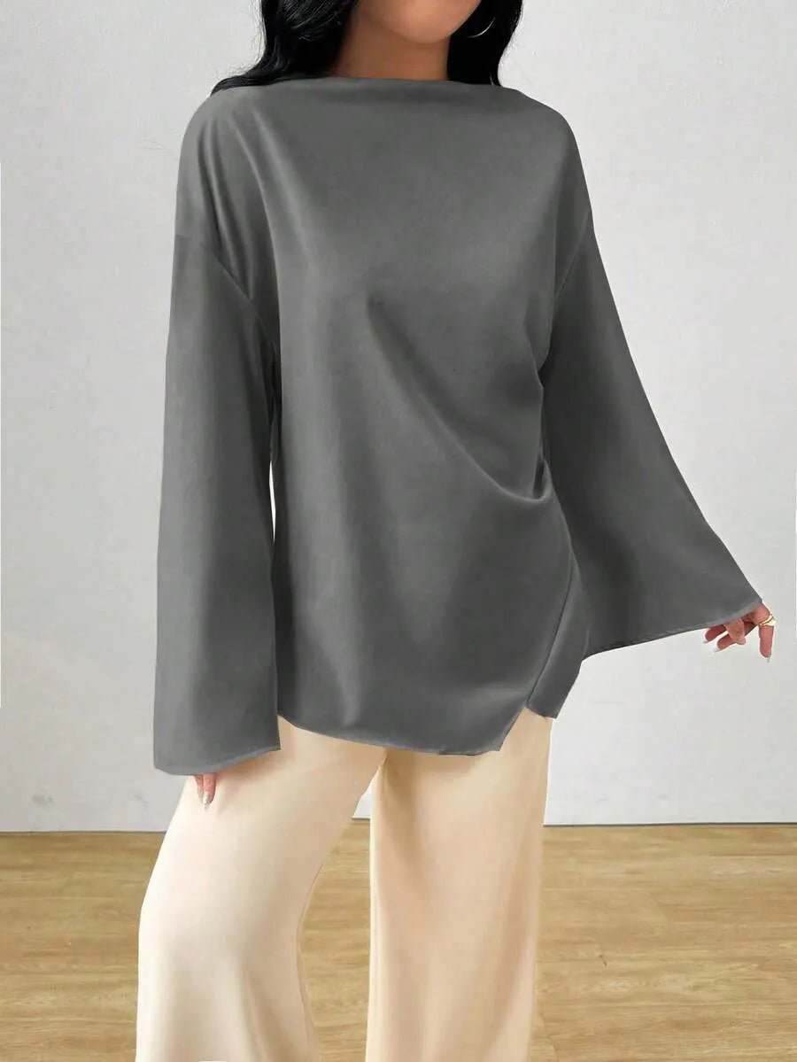 SHEIN INAWLY بلوزة نسائية طويلة بياقة قارب وأكمام واسعة وقصة غير متماثلة بلون رمادي