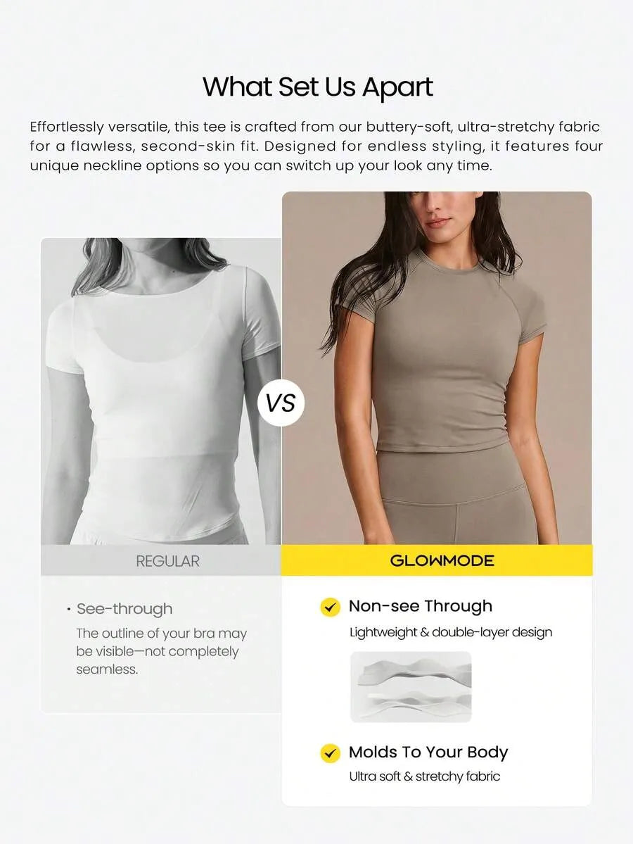 SHEIN GLOWMODE طقم نسائي من قطعتين توب قصير برقبة دائرية وبنطال ضيق بلون كاكي