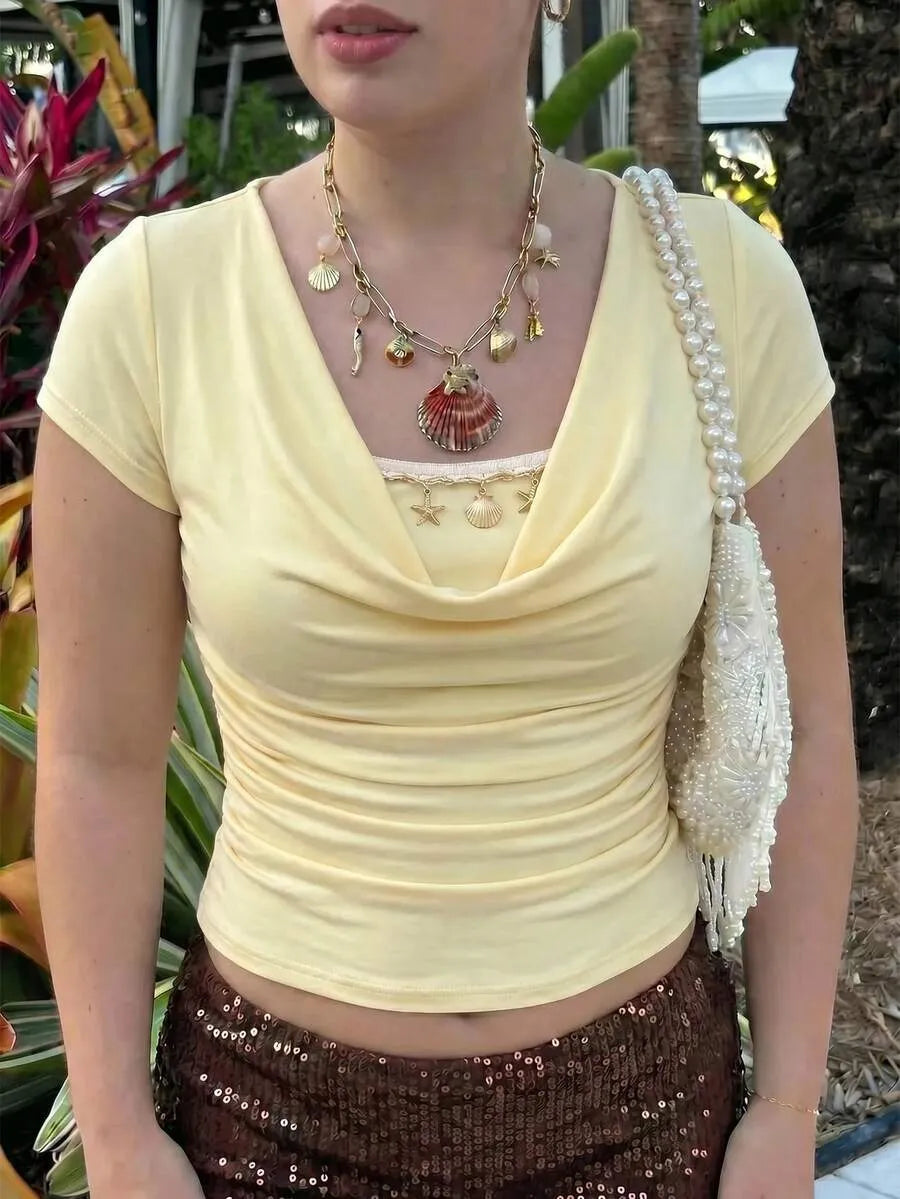SHEIN MOD تي شيرت نسائي ضيق بتصميم مجعد وأكمام قصيرة واسعة بلون أصفر