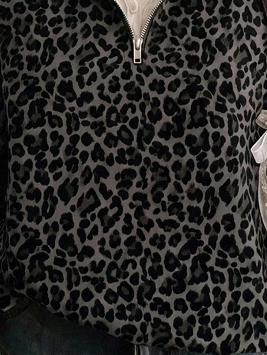 SHEIN EZwear بلوزة نسائية بنصف سحاب بطبعة نمر متعدد الألوان