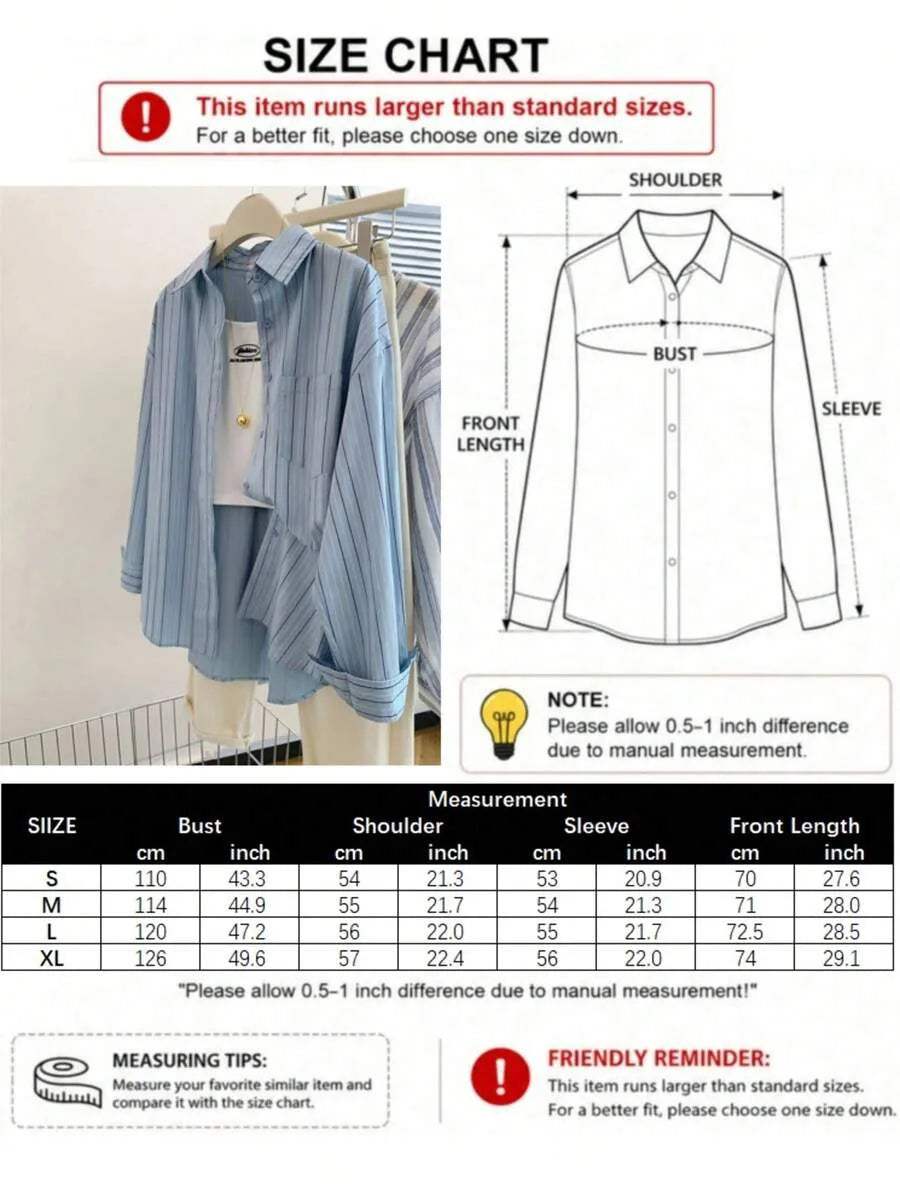 SHEIN قميص نسائي فضفاض بأزرار وجيوب مخططة وأكتاف منخفضة بلون أزرق