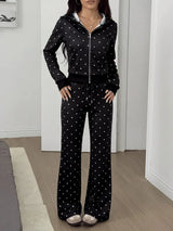 SHEIN EZwear طقم نسائي قطعتين جاكيت قصير بقبعة وبنطال واسع بلون الأسود والأبيض