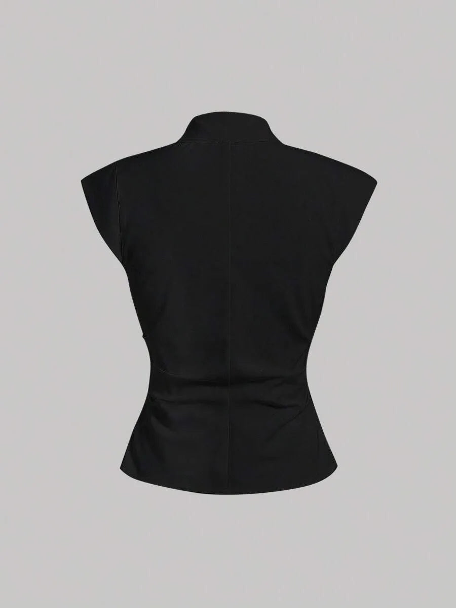 SHEIN MOD قميص نسائي ضيق بياقة وأكمام بات وينج بلون أسود