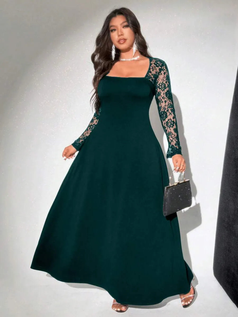 SHEIN Viva Relle فستان نسائي بياقة مربعة ونقشة زهور بلون أخضر داكن