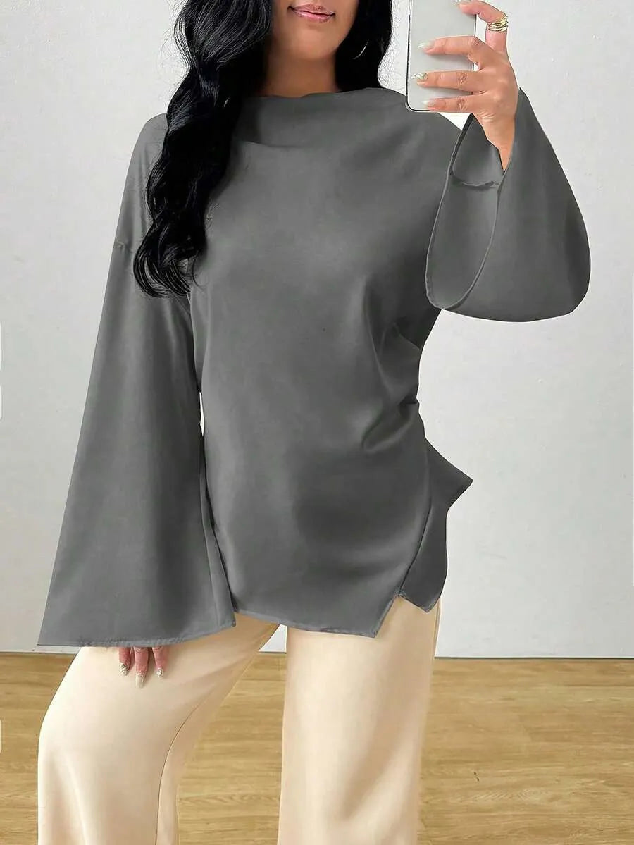 SHEIN INAWLY بلوزة نسائية طويلة بياقة قارب وأكمام واسعة وقصة غير متماثلة بلون رمادي