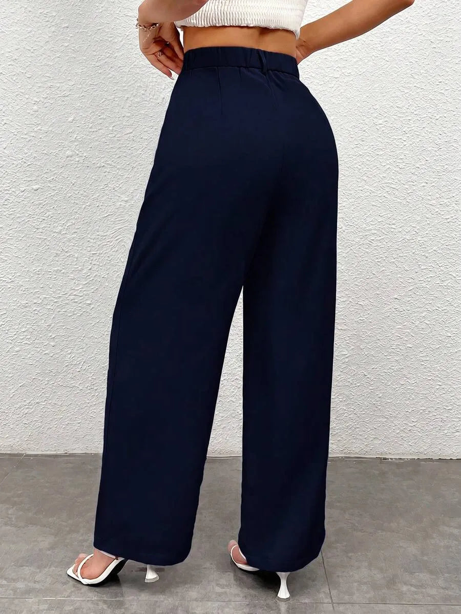 SHEIN PETITE بنطال نسائي فضفاض بجيوب بلون أزرق قوي