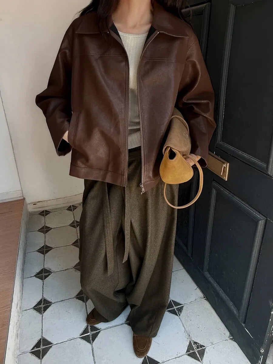 SHEIN DAZY معطف جلد صناعي بسحاب وأكتاف منسدلة