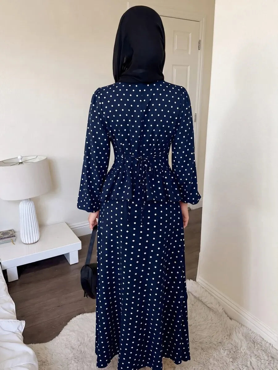 SHEIN Solavon طقم نسائي قطعتين بلوزة وتنورة طويلة بنقشة بولكا دوت بلون أزرق بحري