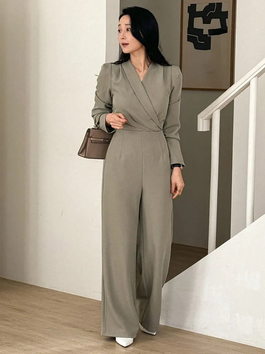 SHEIN DAZY جمبسوت نسائي بياقة وتصميم غير متماثل وسحاب بلون كاكي