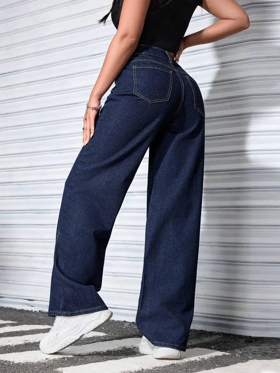 SHEIN PETITE بنطلون جينز فضفاض بخصر عالٍ بلون أزرق داكن