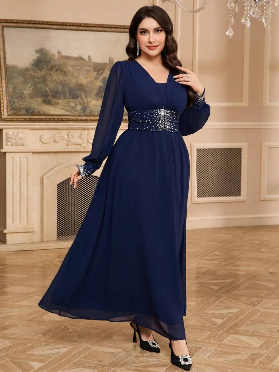 SHEIN Modelyn فستان نسائي ماكسي بياقة وأكمام فانوس مزين بالراين بلون أزرق بحري