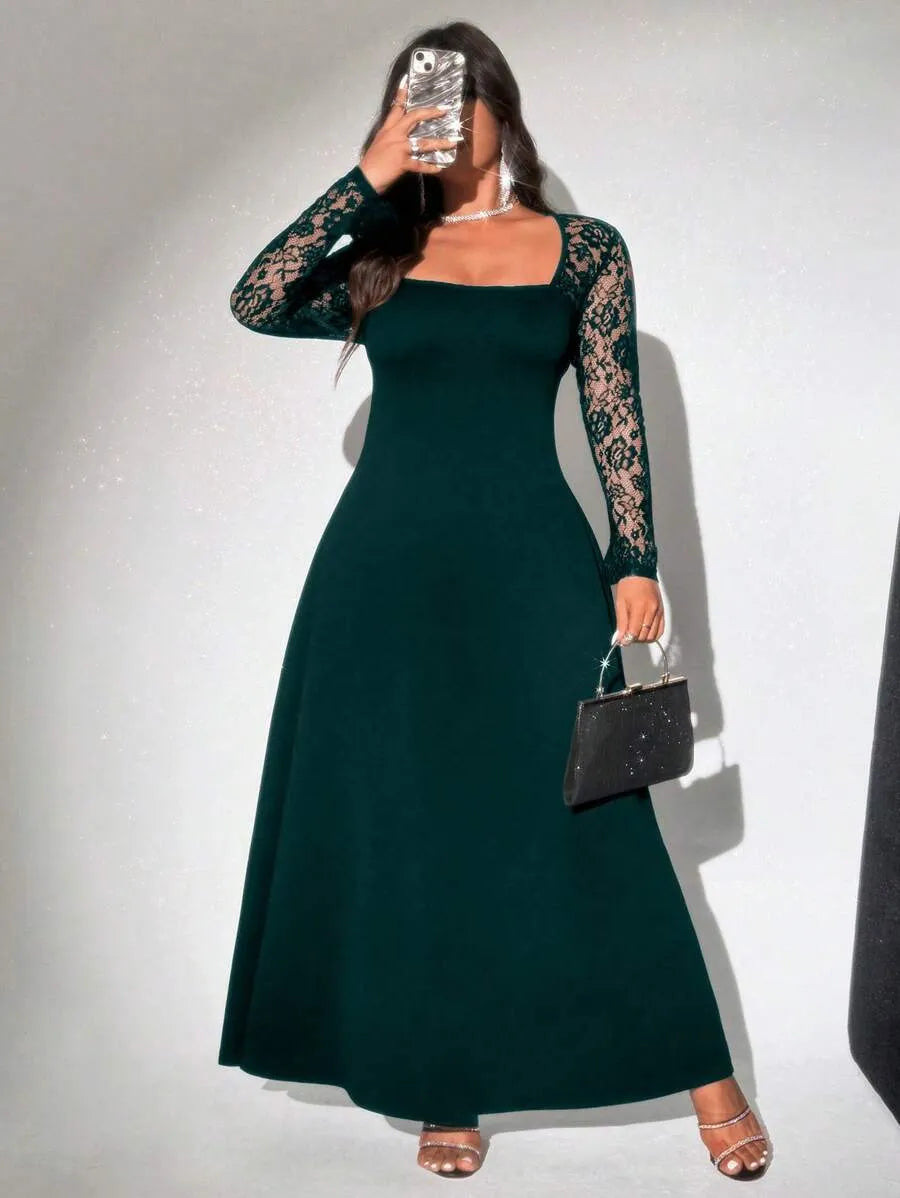 SHEIN Viva Relle فستان نسائي بياقة مربعة ونقشة زهور بلون أخضر داكن