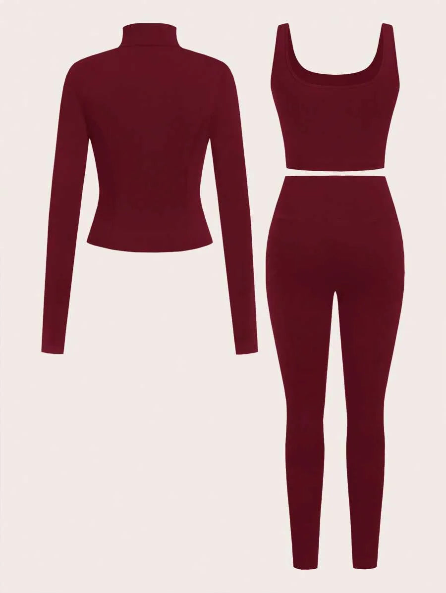 SHEIN EZwear طقم رياضي نسائي 3 قطع جاكيت محبوك وتوب قصير وليجنز بلون عنابي
