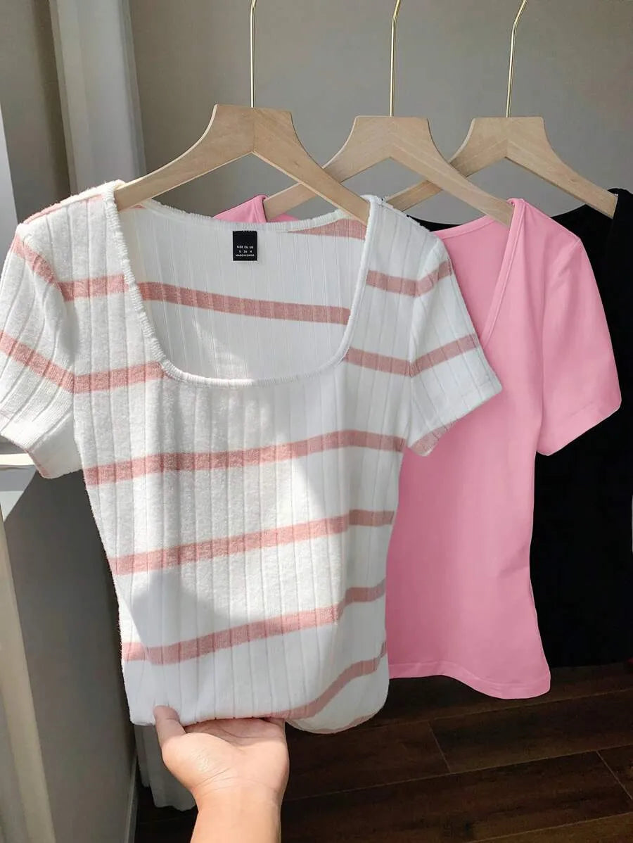 SHEIN Comfortcana طقم 3 قطع تي شيرت نسائي قصير بياقة مربعة وأكمام قصيرة متعدد الألوان